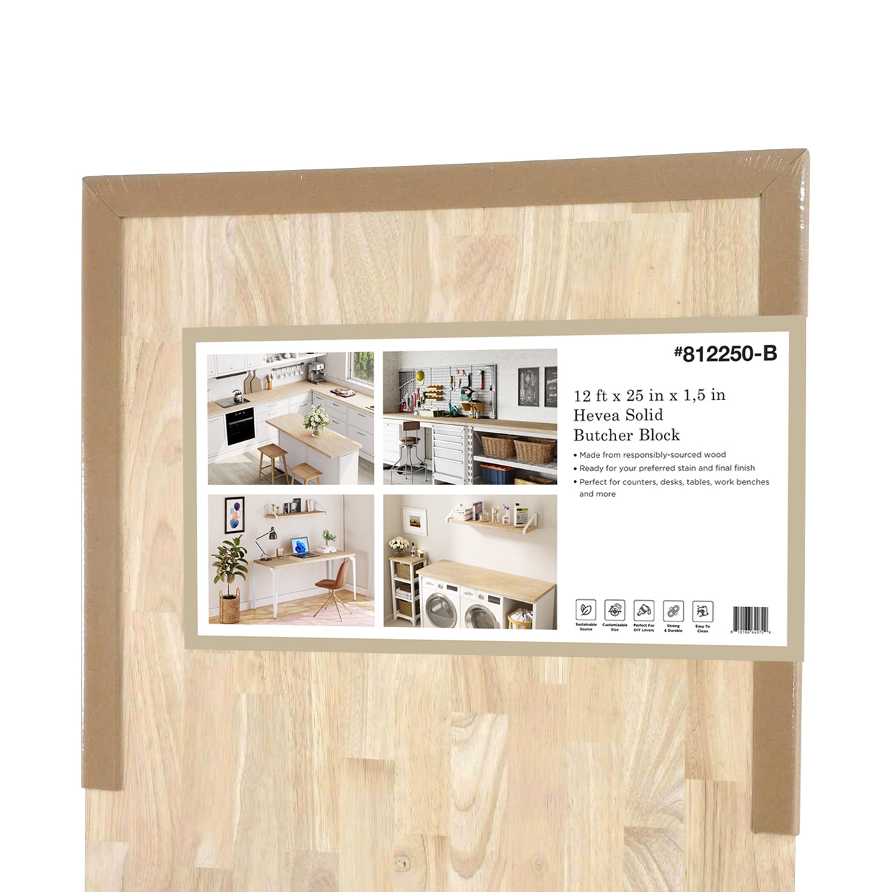 12ft Unfinished Hevea Wood Butcher Block Counter Tops, 144"L x 25"W x 1.5"T