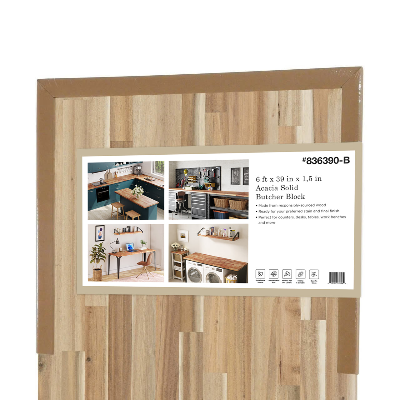 6ft Unfinished Acacia Wood Butcher Block Island, 72"L x 39"W x 1.5"T